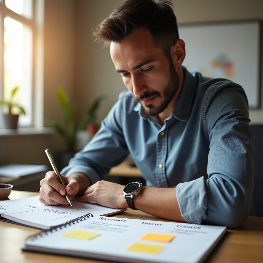 Manos de emprendedor digital ecuatoriano analizando gráficos financieros en una tablet con iconos de eficiencia y optimización, simbolizando la gestión inteligente de su negocio.