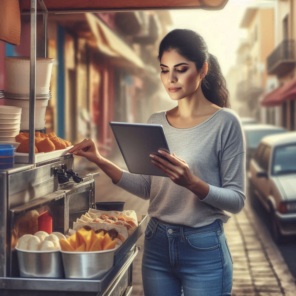 Emprendedora quiteña gestionando su negocio gastronómico con herramientas tecnológicas accesibles. Escenario urbano realista que representa esfuerzo, organización y empoderamiento.