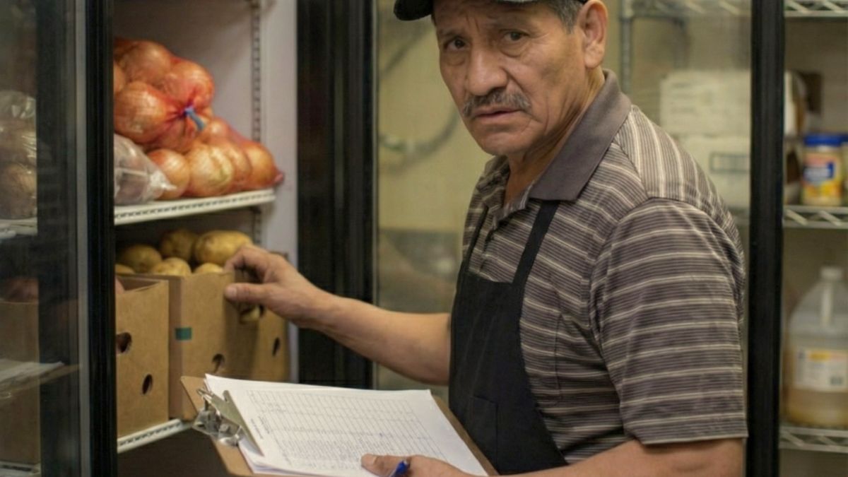 Dueño de restaurante en Quito revisando inventario con sospecha de robo hormiga